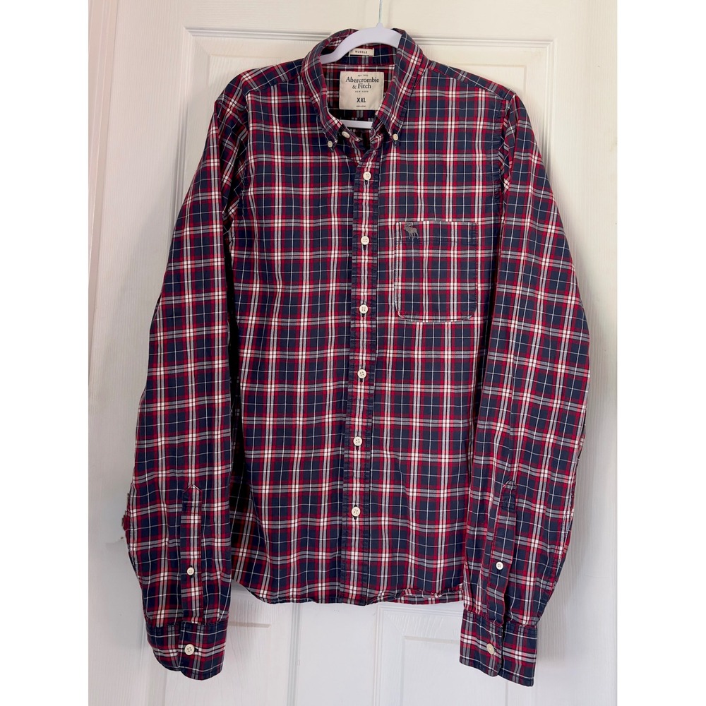 Abercrombie & Fitch Button Down Mens XXL Red Plaid Good Muscle Fit Long Sleeve